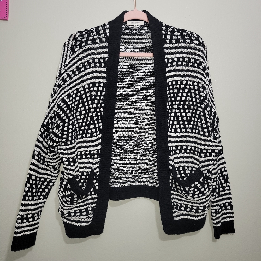 🍒 Madewell Black White Knit Open Front Cardigan Sweater XS 100% Cotton